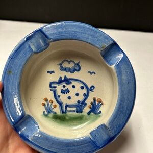 Hand-Painted Blue Ceramic Ashtray with Playful Animal Motif